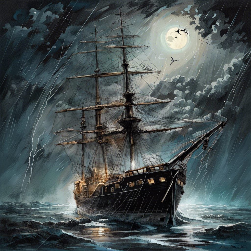 Moonlit Ship in Lightning Storm, Hyperdetailed Art