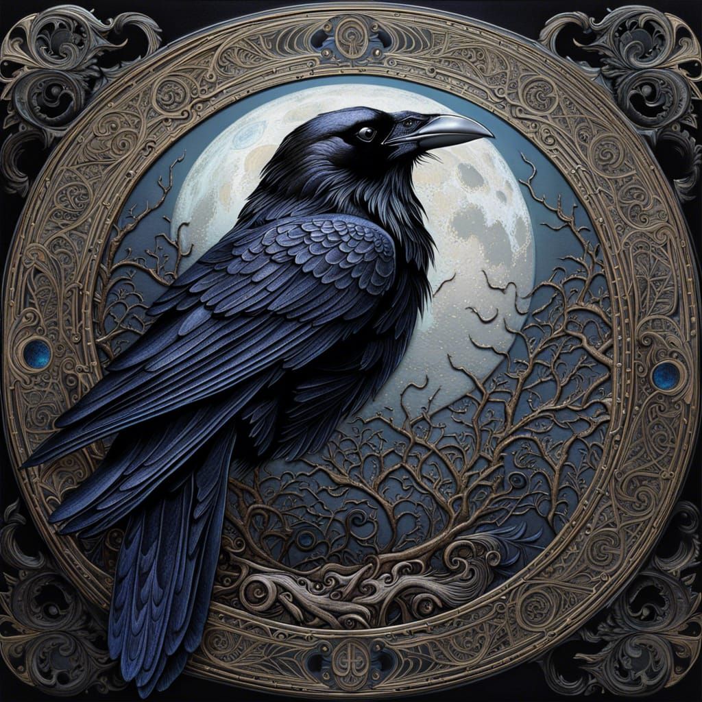 Raven in Flight Before the Moon