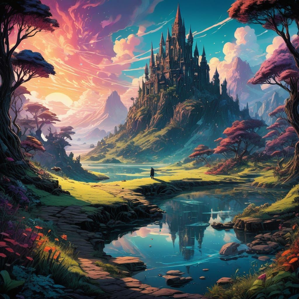 Whimsical Fantasy Realm with Iridescent Landscapes