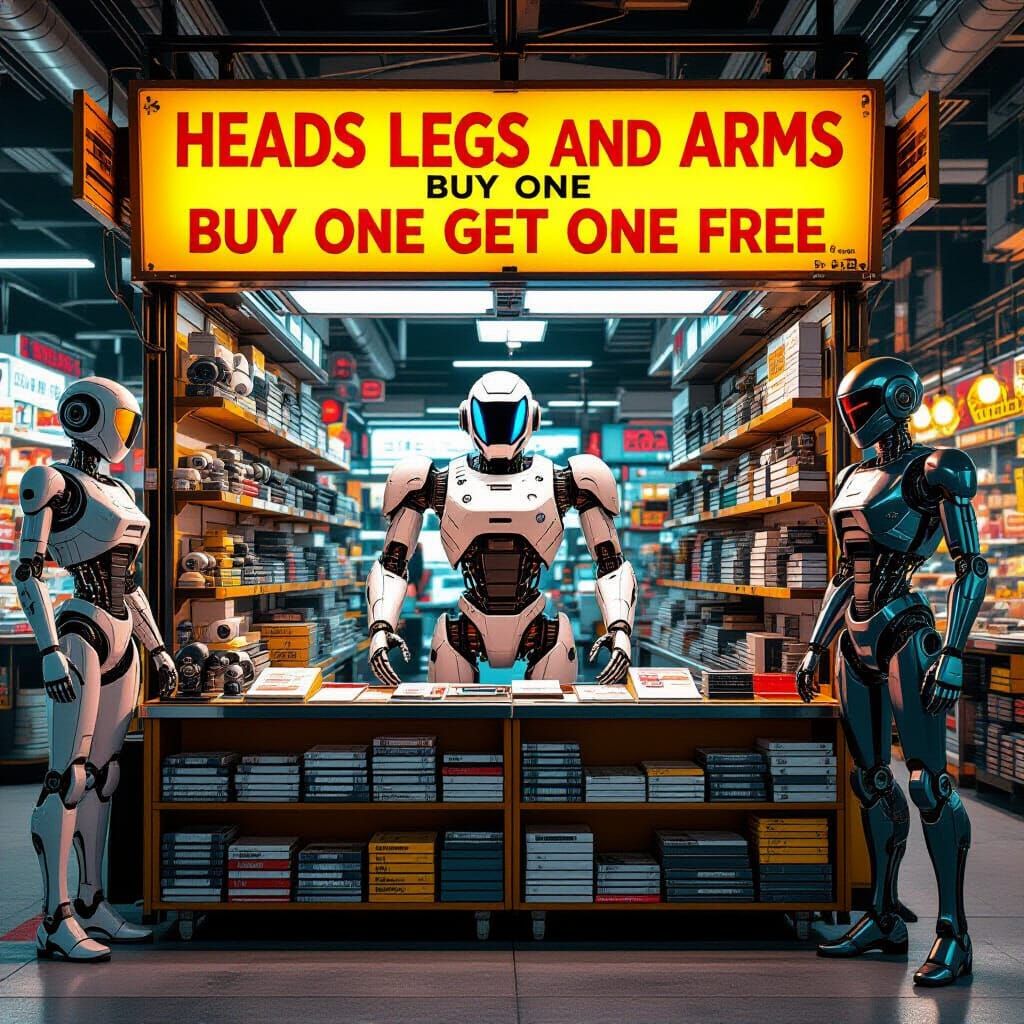Robot Market Stall Selling Spare Parts in Sci-Fi Style
