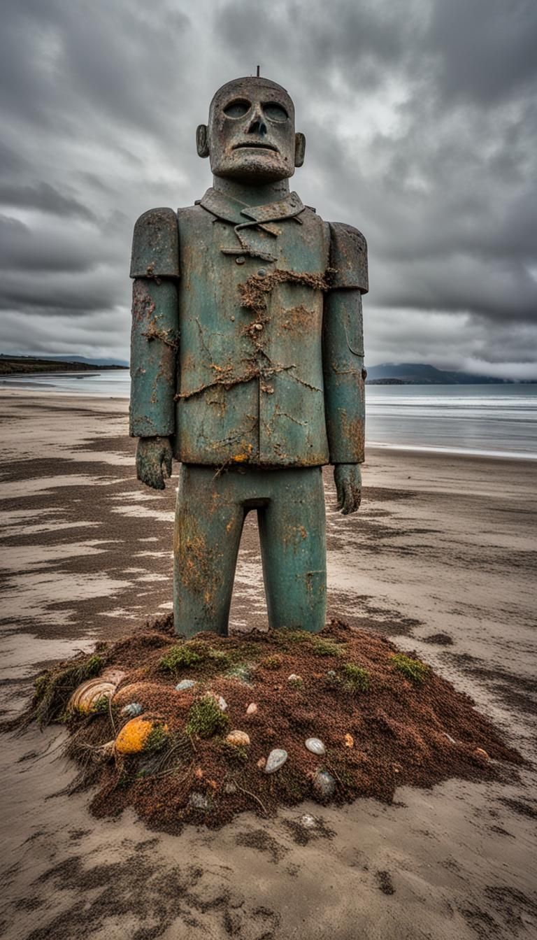 Colorful Bunker Statue Overlooking Sea: Hyperrealistic HDR P...