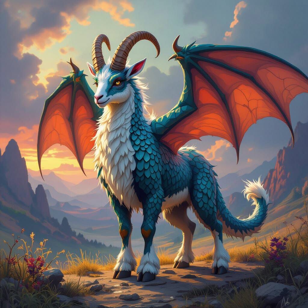 Mythical Dragon-Goat Hybrid in Fantasy Art Style