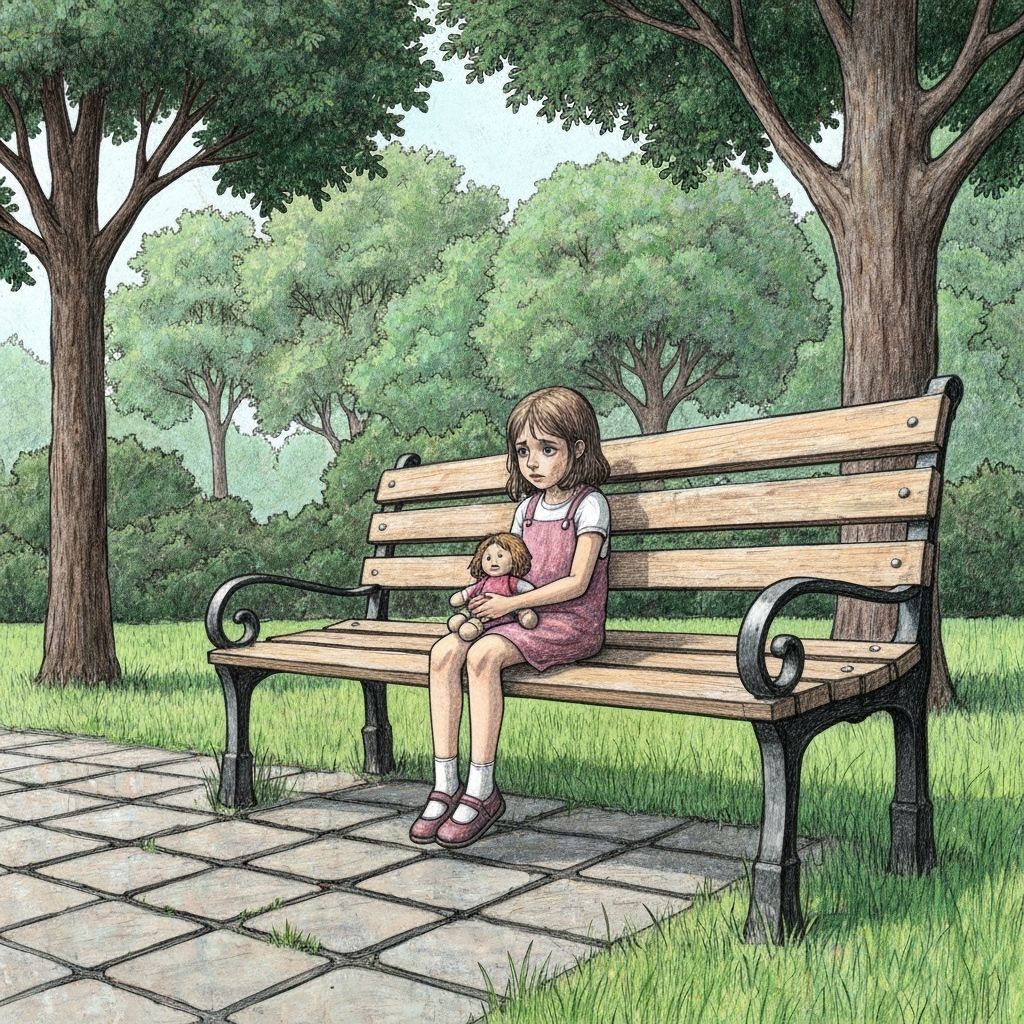 Sad Girl with Rag Doll on Park Bench