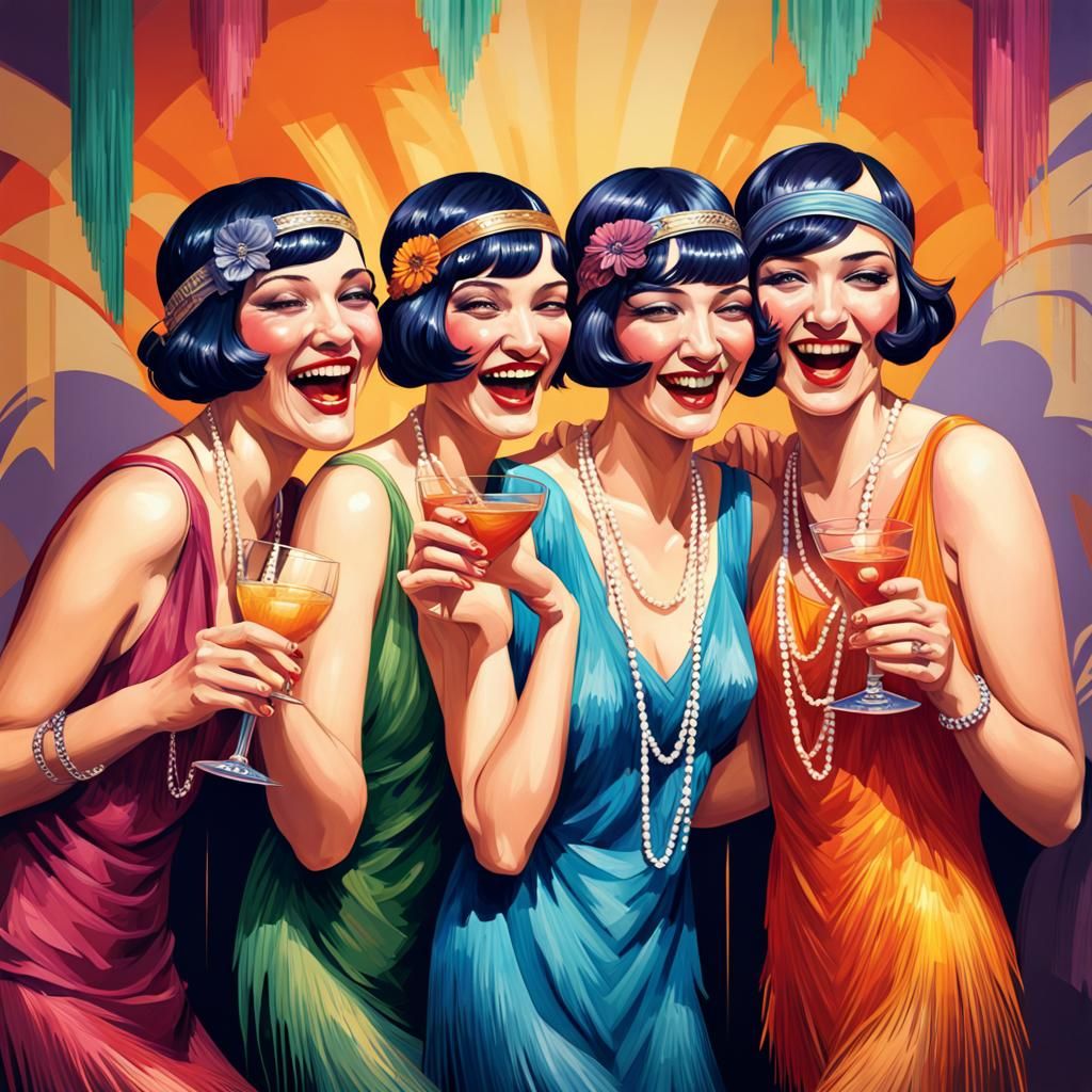 Flapper Girls Drinking in 1920s Style: Splash Art
