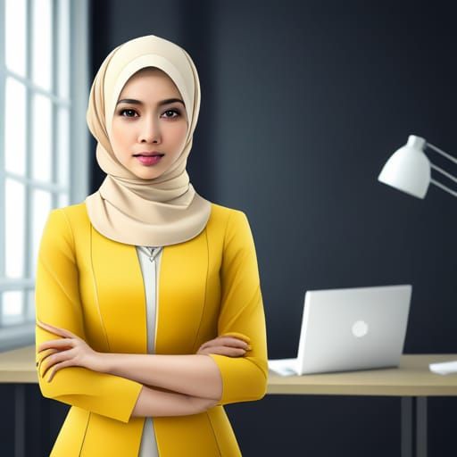 Malay Secretary in Yellow Kebaya at Office Desk