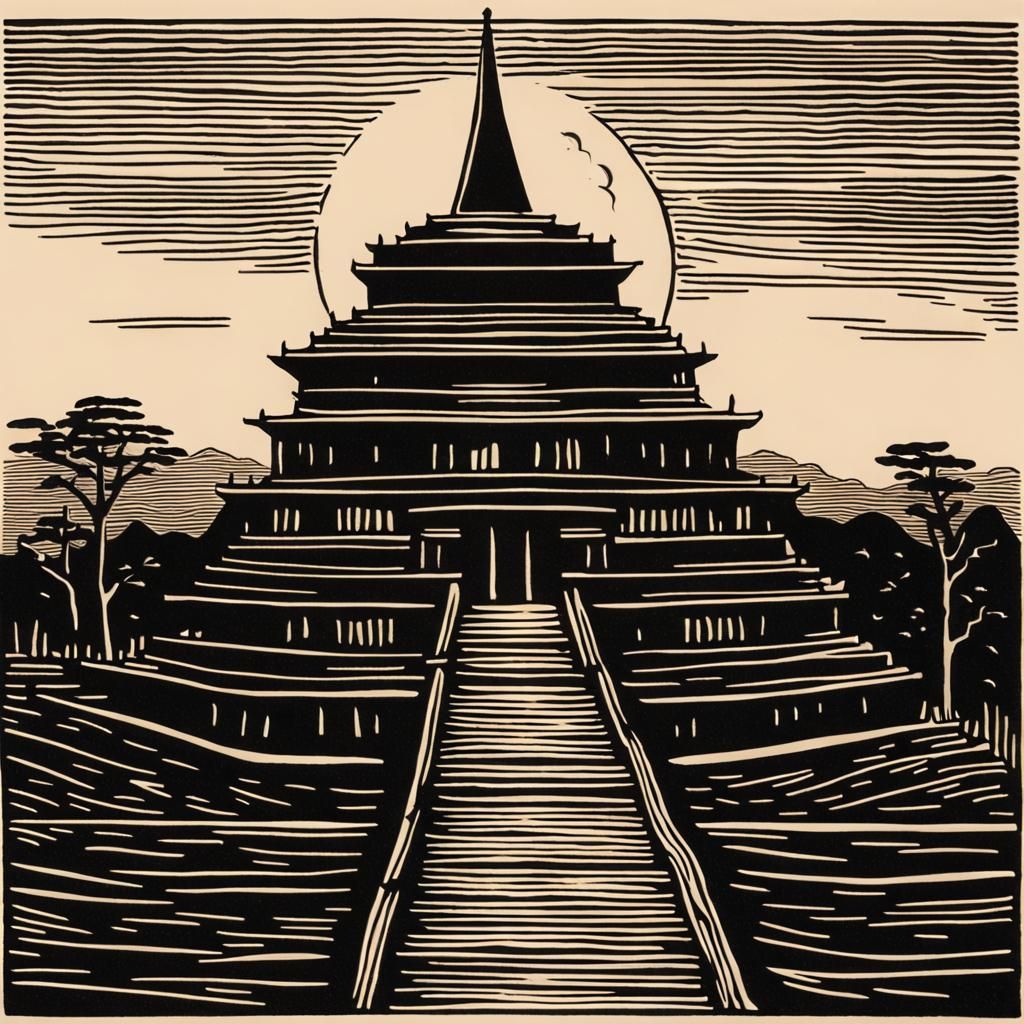 Minimalist Woodcut Temple Vista