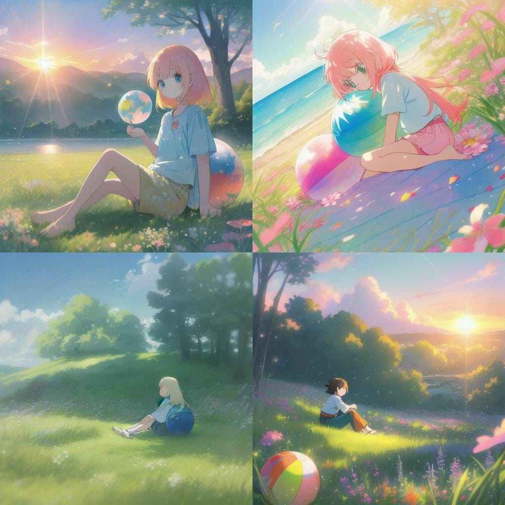 Anime Girl on Beach Ball in European Village