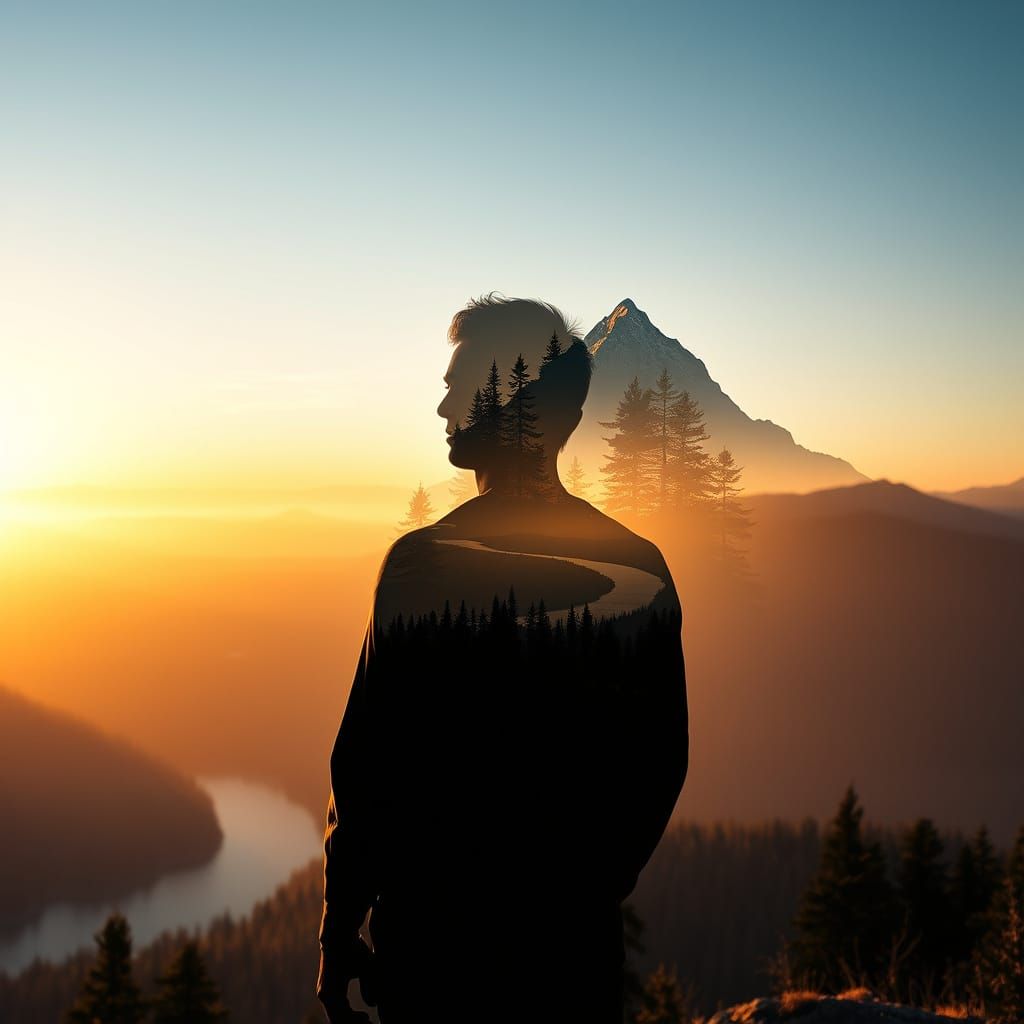 Hyper-Realistic Double Exposure Portrait with Sunrise Landsc...
