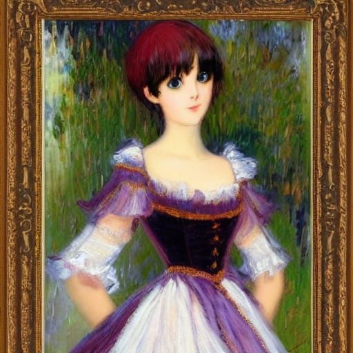 Elegant Anime Woman with Cloud Dress in Impressionistic Styl...