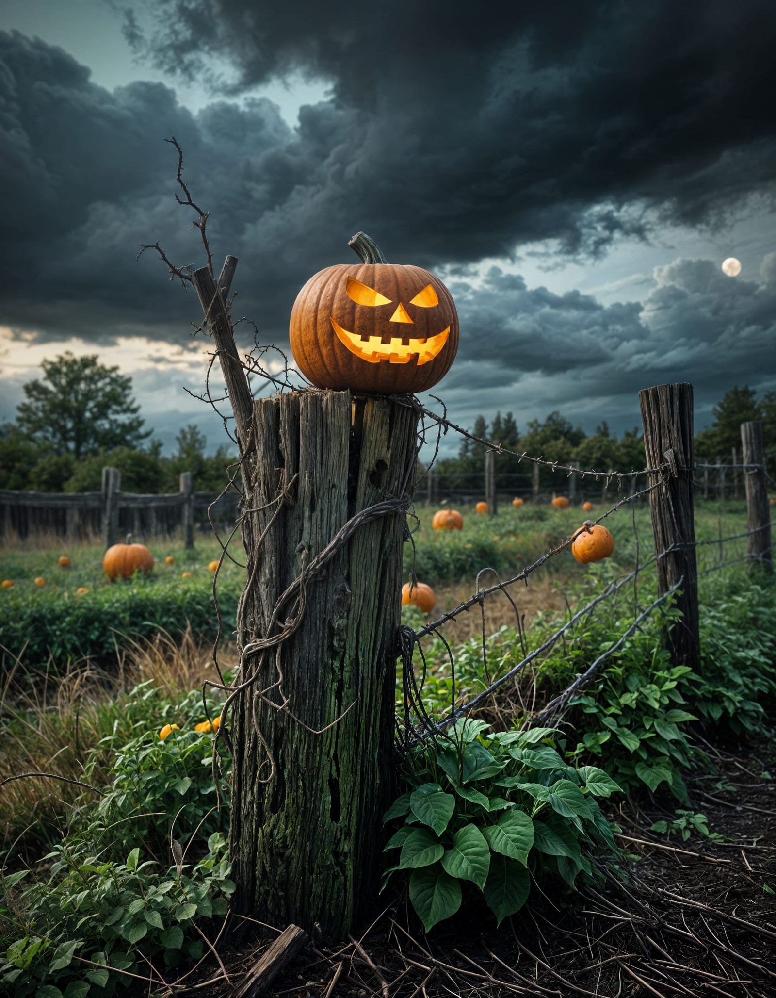 Glowing Jack-o'-Lantern on Fence Post Halloween Night