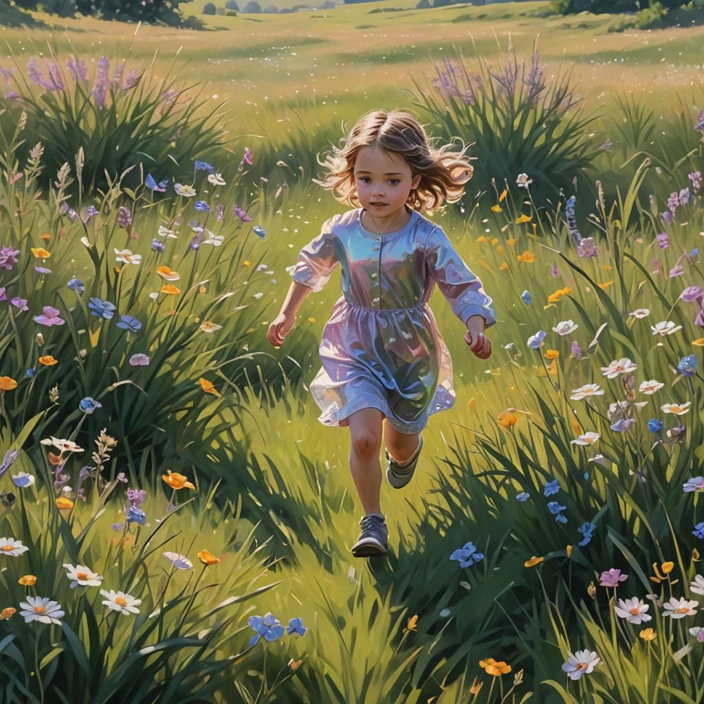 Sweet Fantasy Meadow Run: Realistic Oil Painting