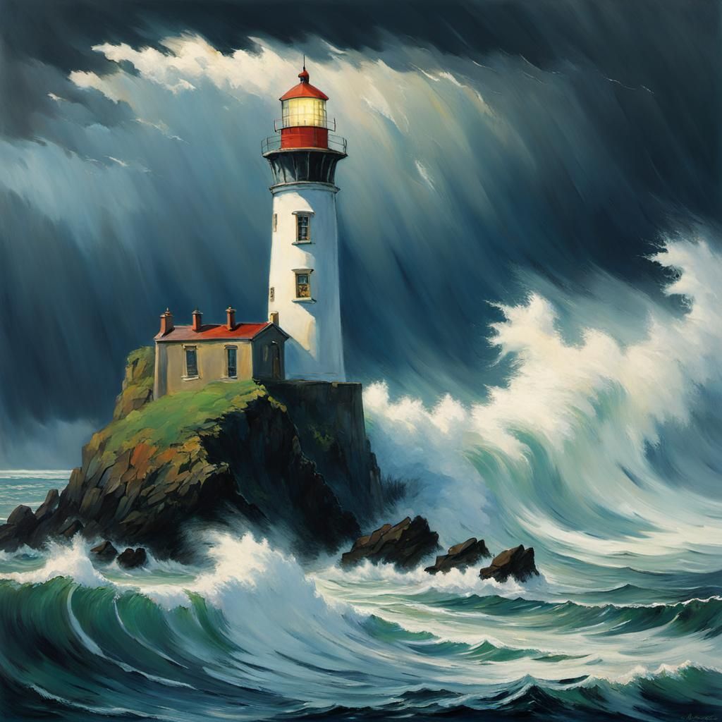 Lighthouse Against Stormy Sky: Anime Meets Impressionism