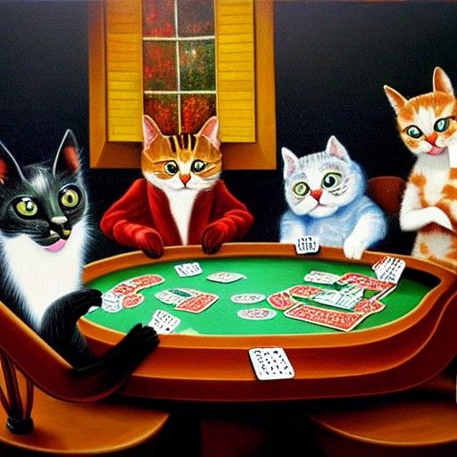 Cats Play Poker in a Whimsical Oil Painting