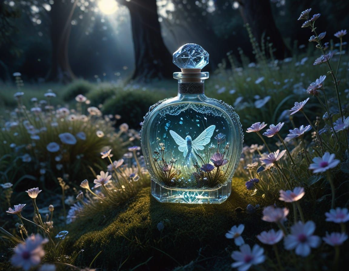 Crystal Perfume Bottle with Fairies Under Moonlight