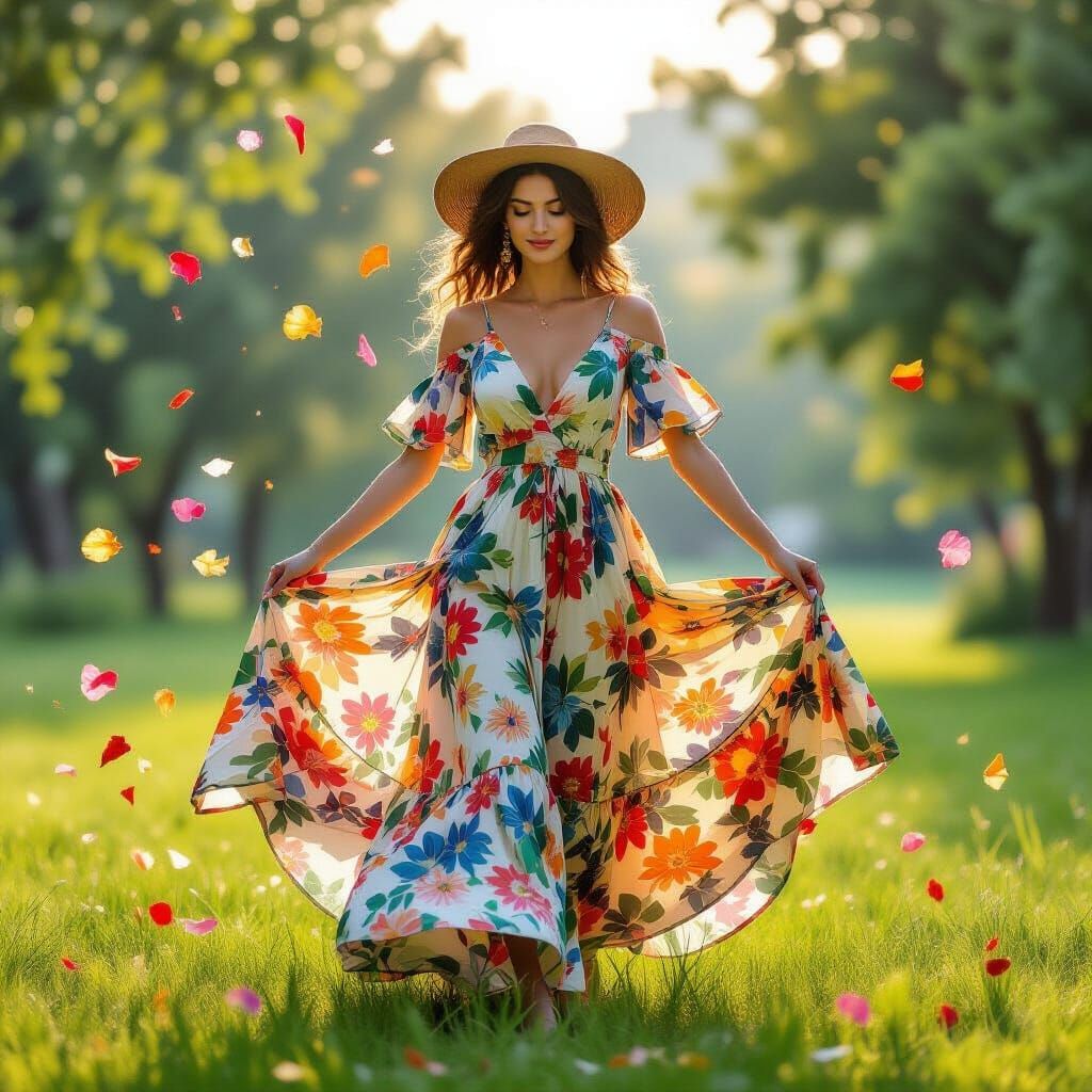 Girl Dancing in Field with Impressionistic Style