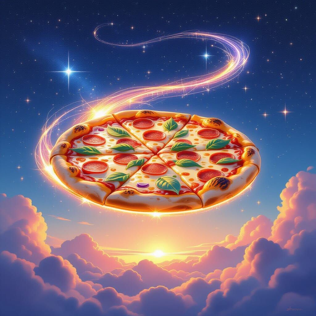 Enchanting Glowing Pizza Floats in Cosmic Dreamscape