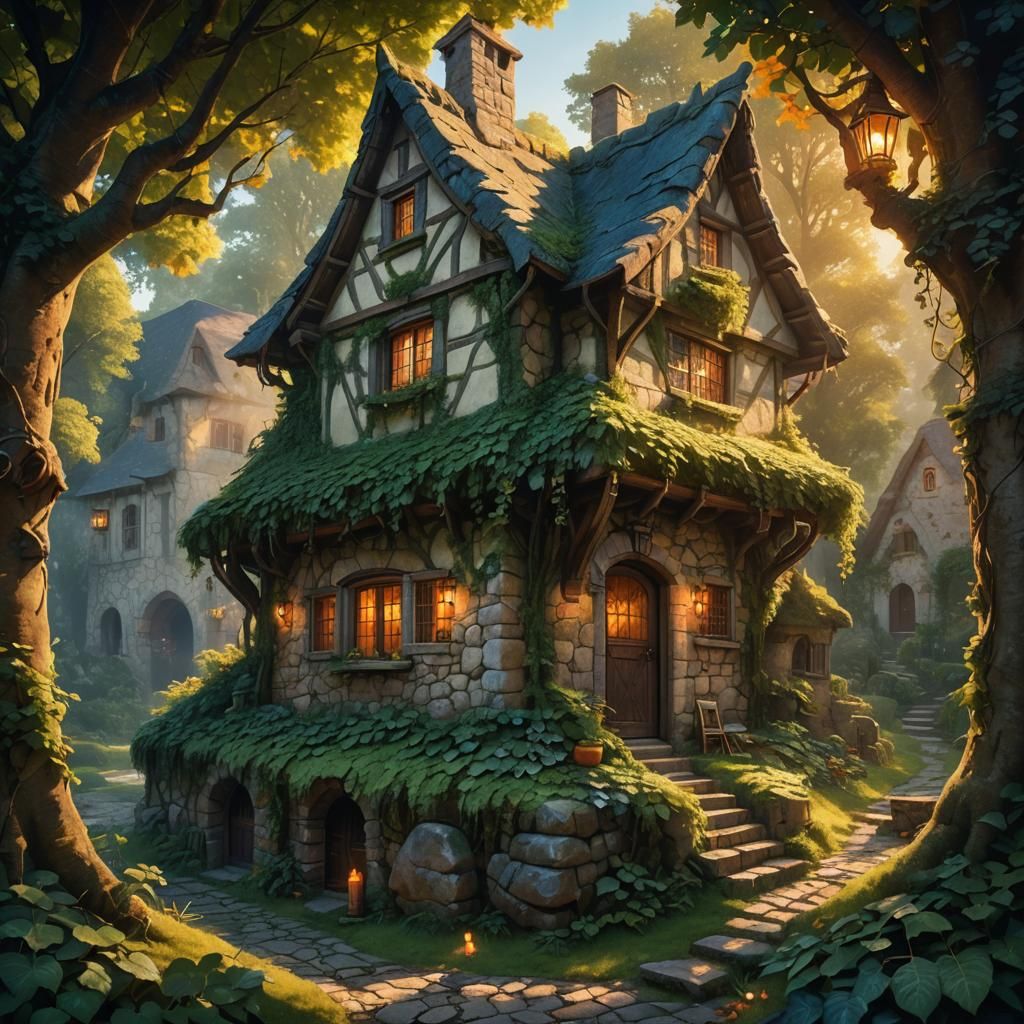 Cozy Medieval House in Lush Forest: Oil Painting