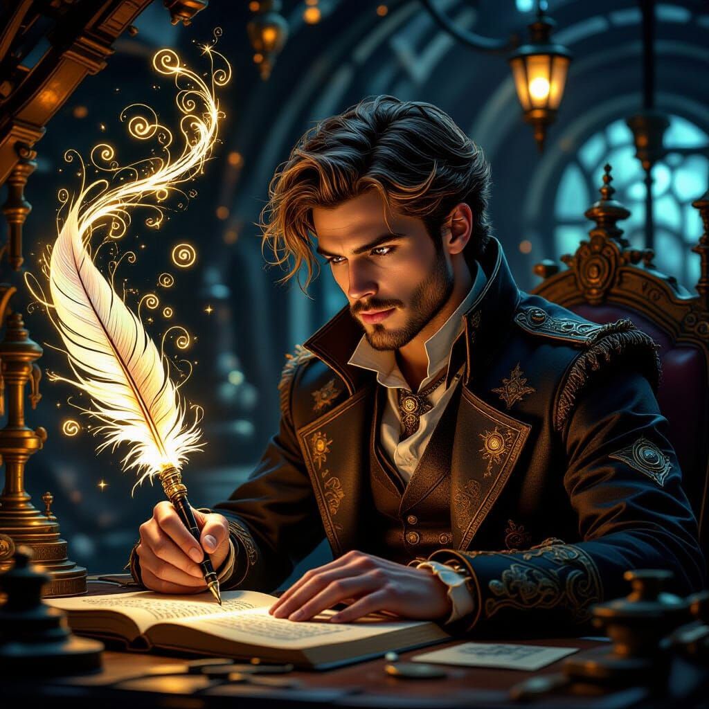 Steampunk Author Writes with Glowing Magic Feather Pen