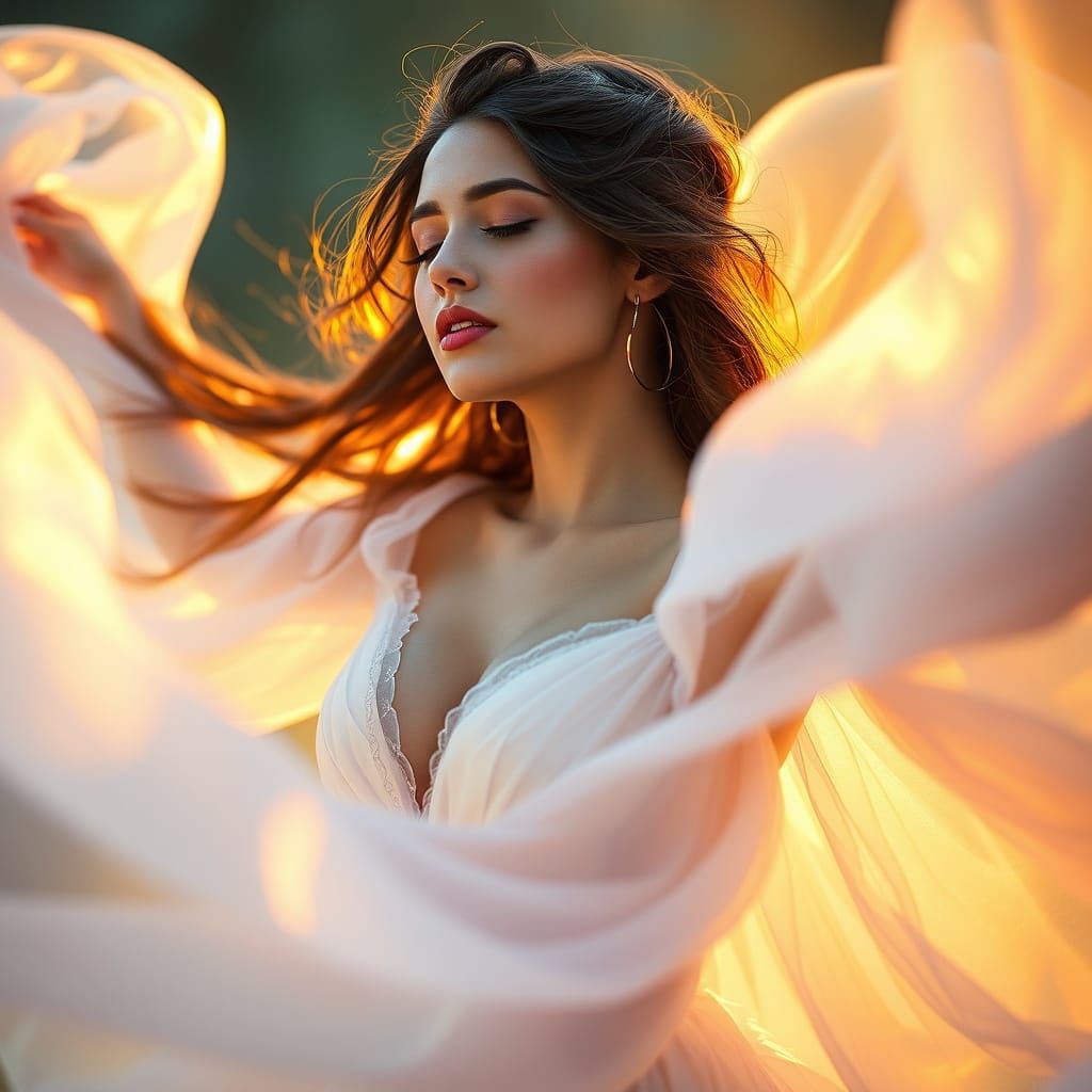 Ethereal Woman Suspended in Iridescent Mist