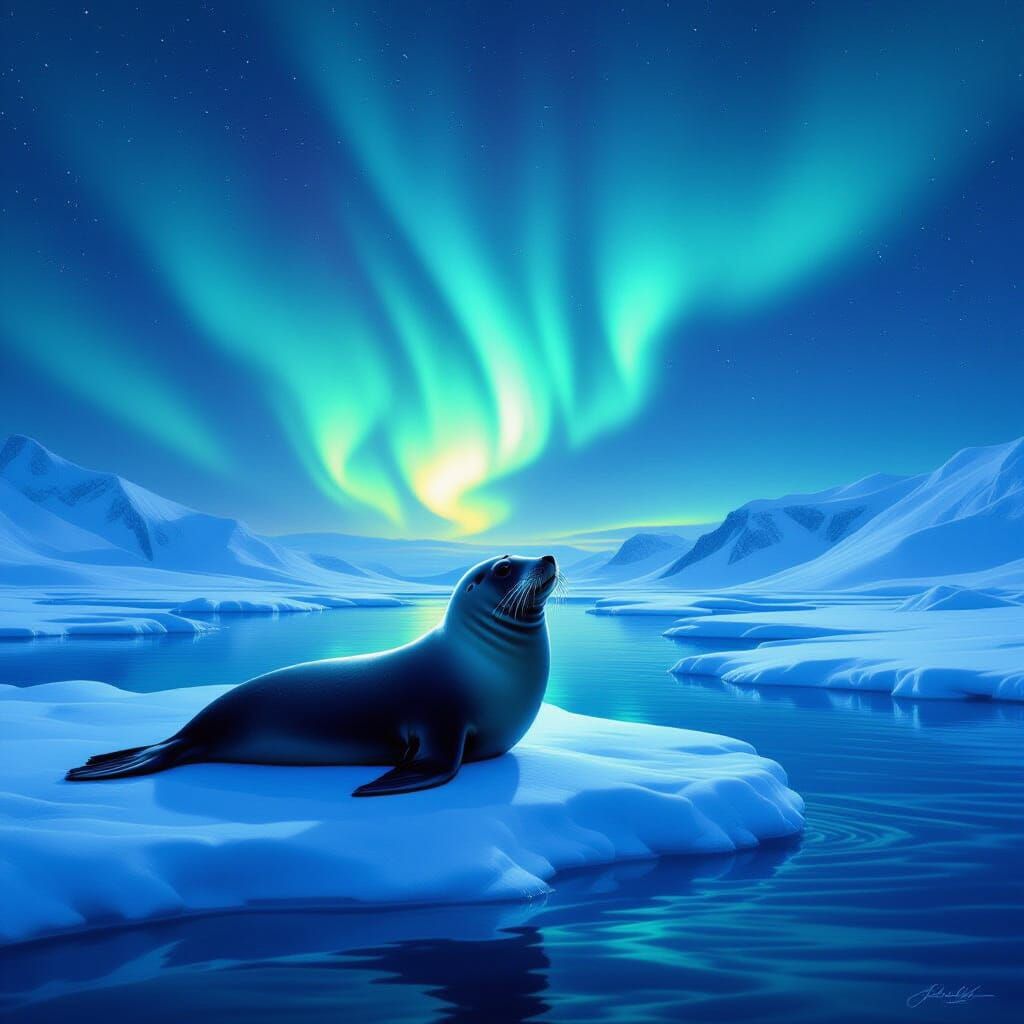 Seal Watches Aurora Borealis Over Icy Landscape