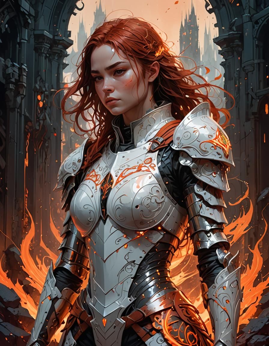 Muscular Knight in White Armor with Lava Outlines