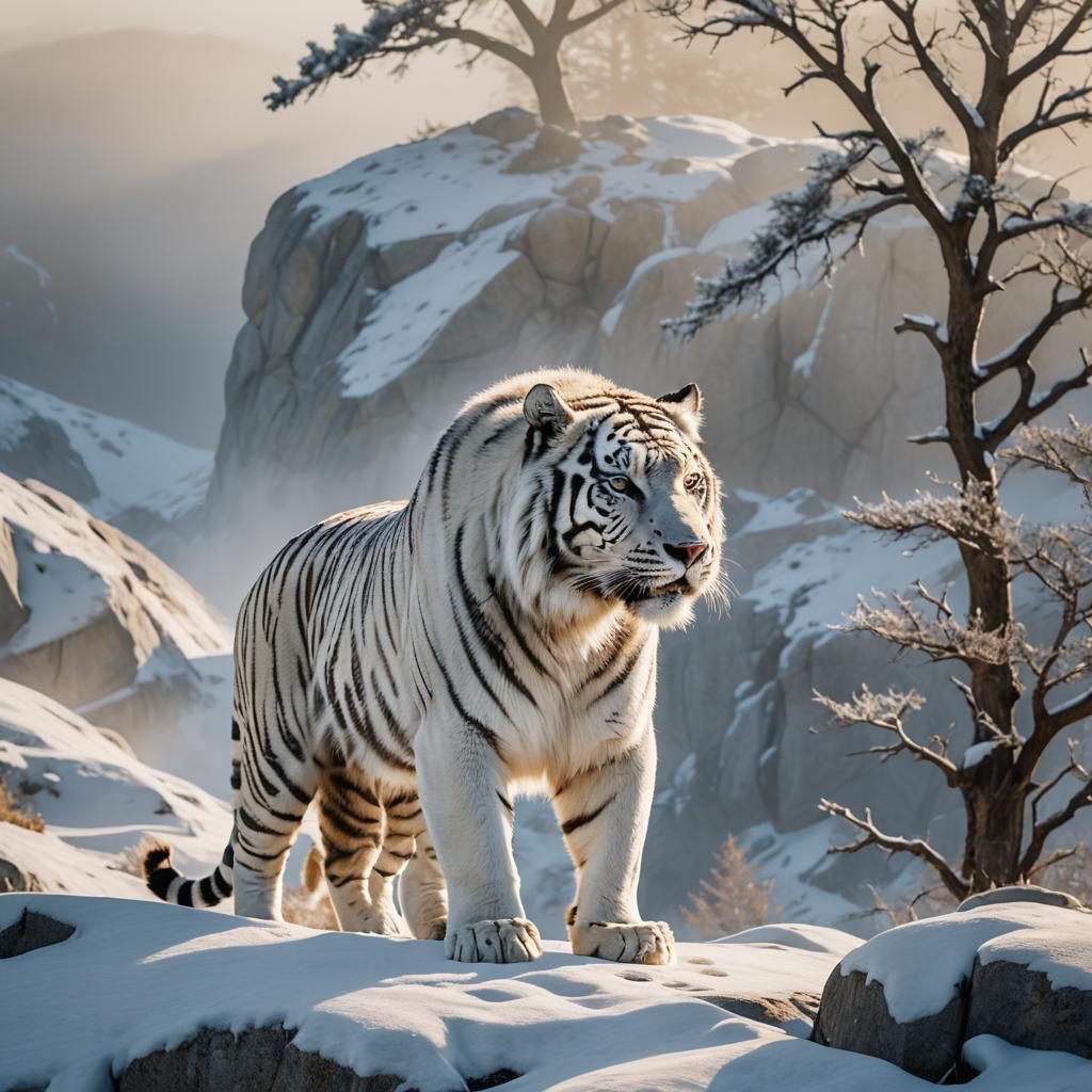 White Siberian Tiger on Snowy Plateau
