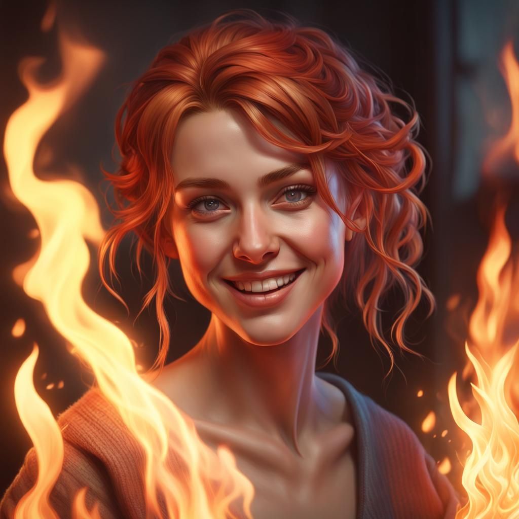 Smiling Woman Engulfed in Sweet Flames