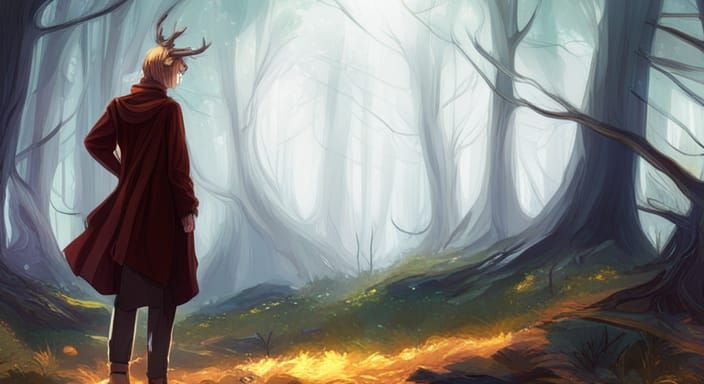 Anime Deer Boy in Ethereal Forest: Matte Painting