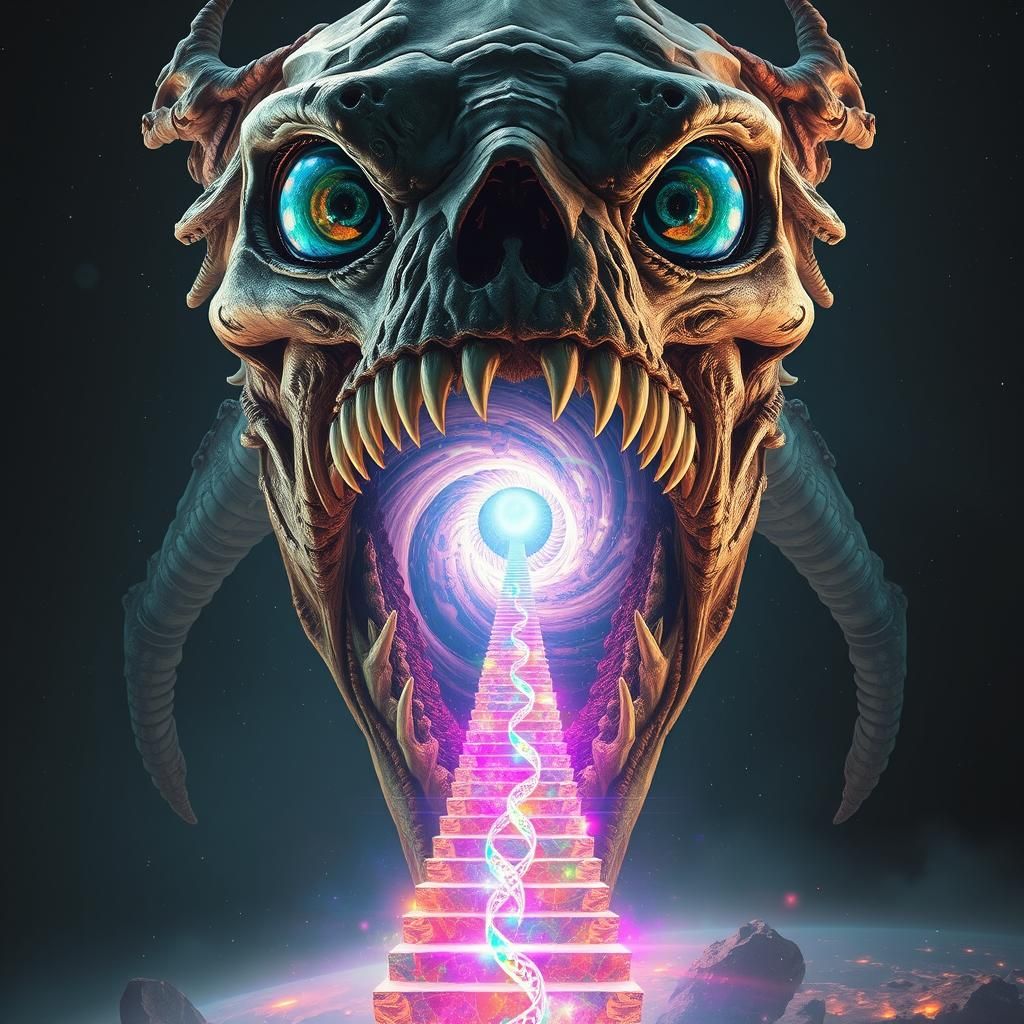 Colossal Bone Entity in Cyberpunk Dreamscape