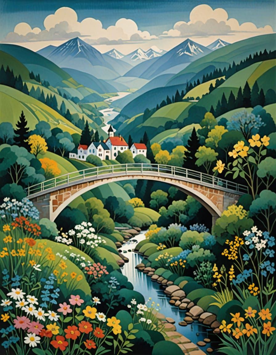 Folk Art Train Crossing a Vibrant Valley Bridge amidst Bloom...