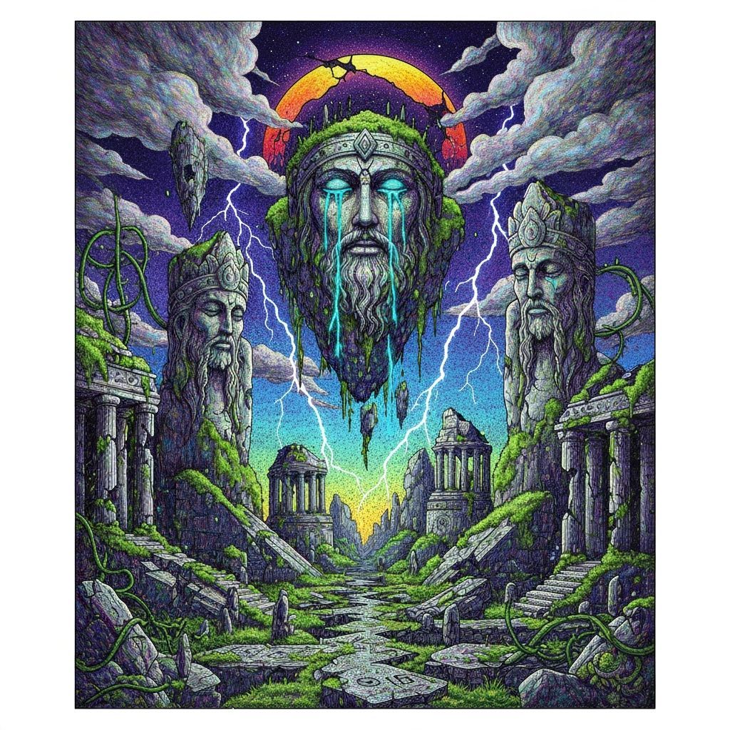 Shattered Floating City in Stormy Sky with Glowing Vines