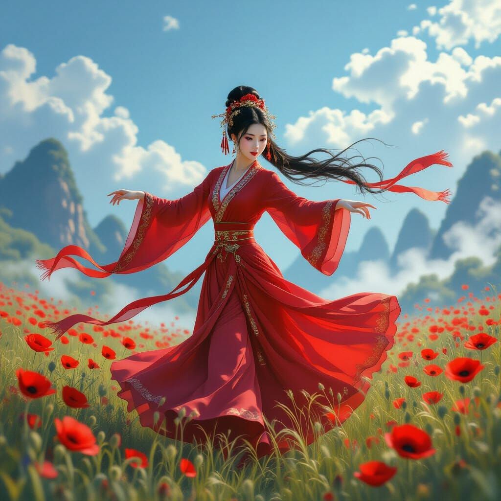 Chinese Ribbon Dancer in Poppy Field, Ethereal Style