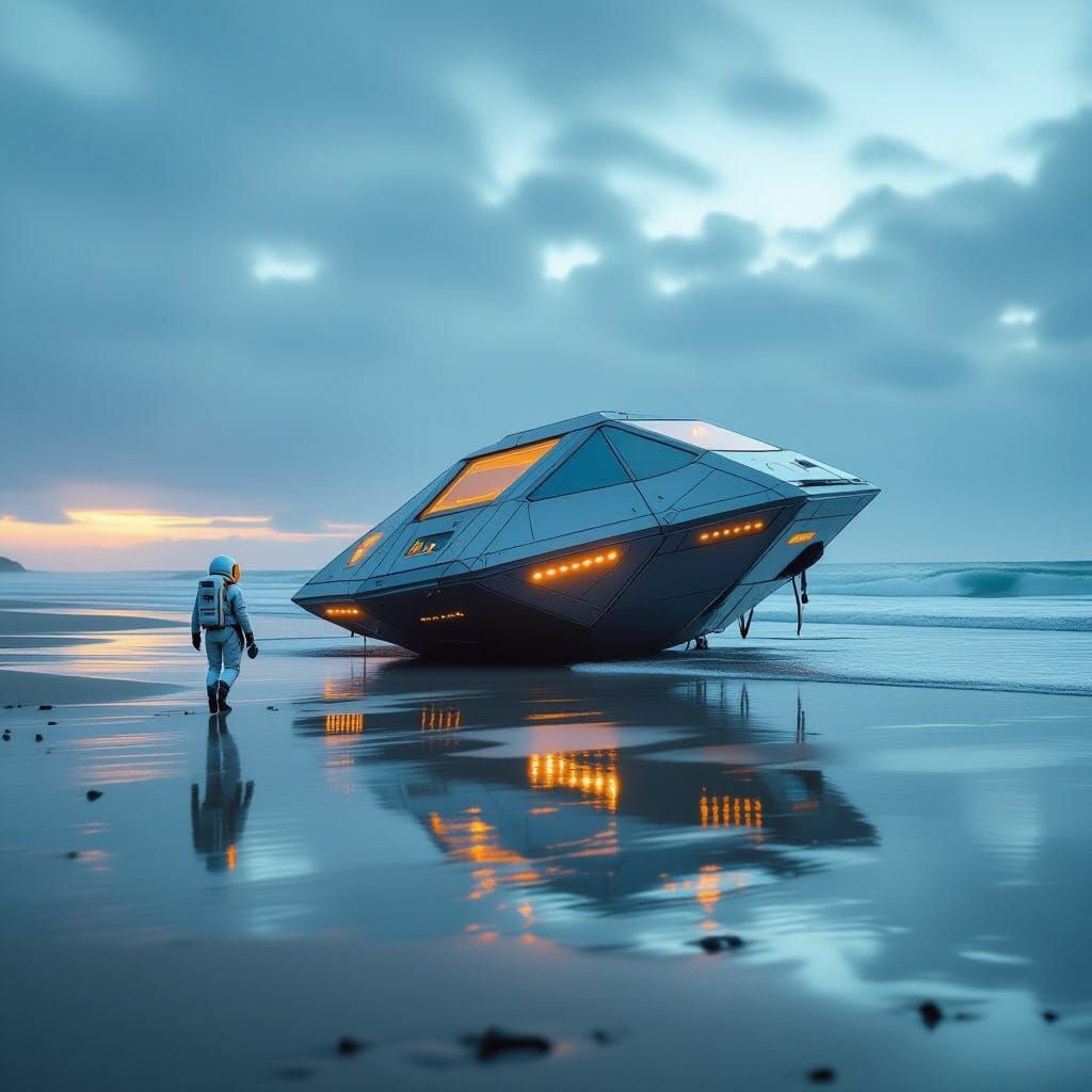 Hexagonal Alien Spaceship Crash Landing on Beach
