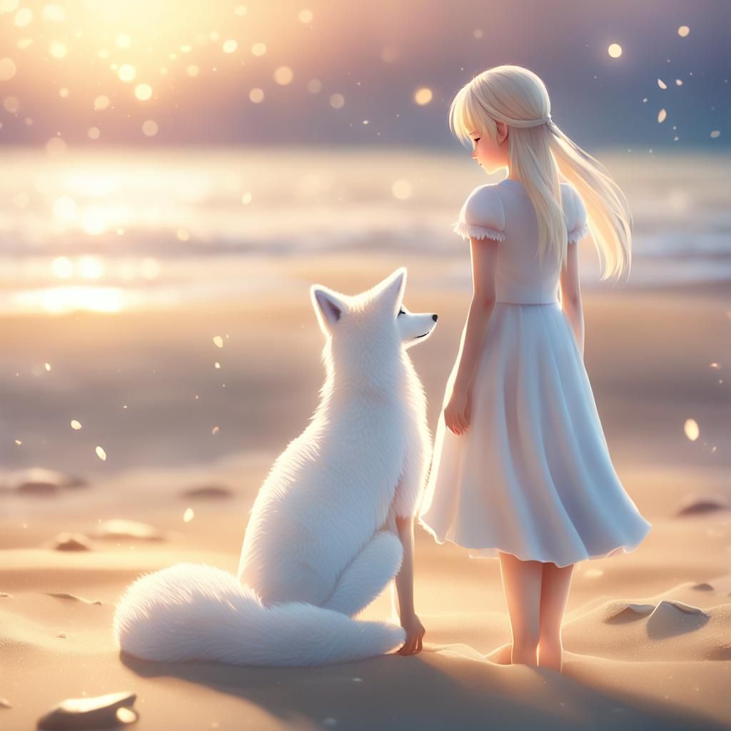 Girl and Fox on Beach in Anime 3D Art