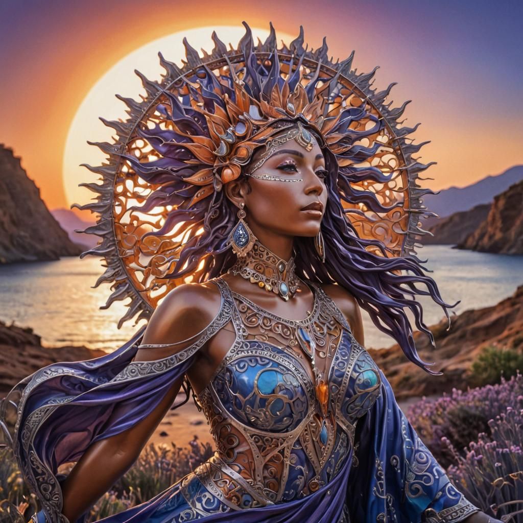 Whimsical Metal Art with Stylized Figure and Orange Sun