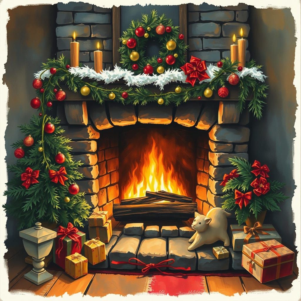 Vibrant Winter Wonderland Fireplace Scene in Gouache