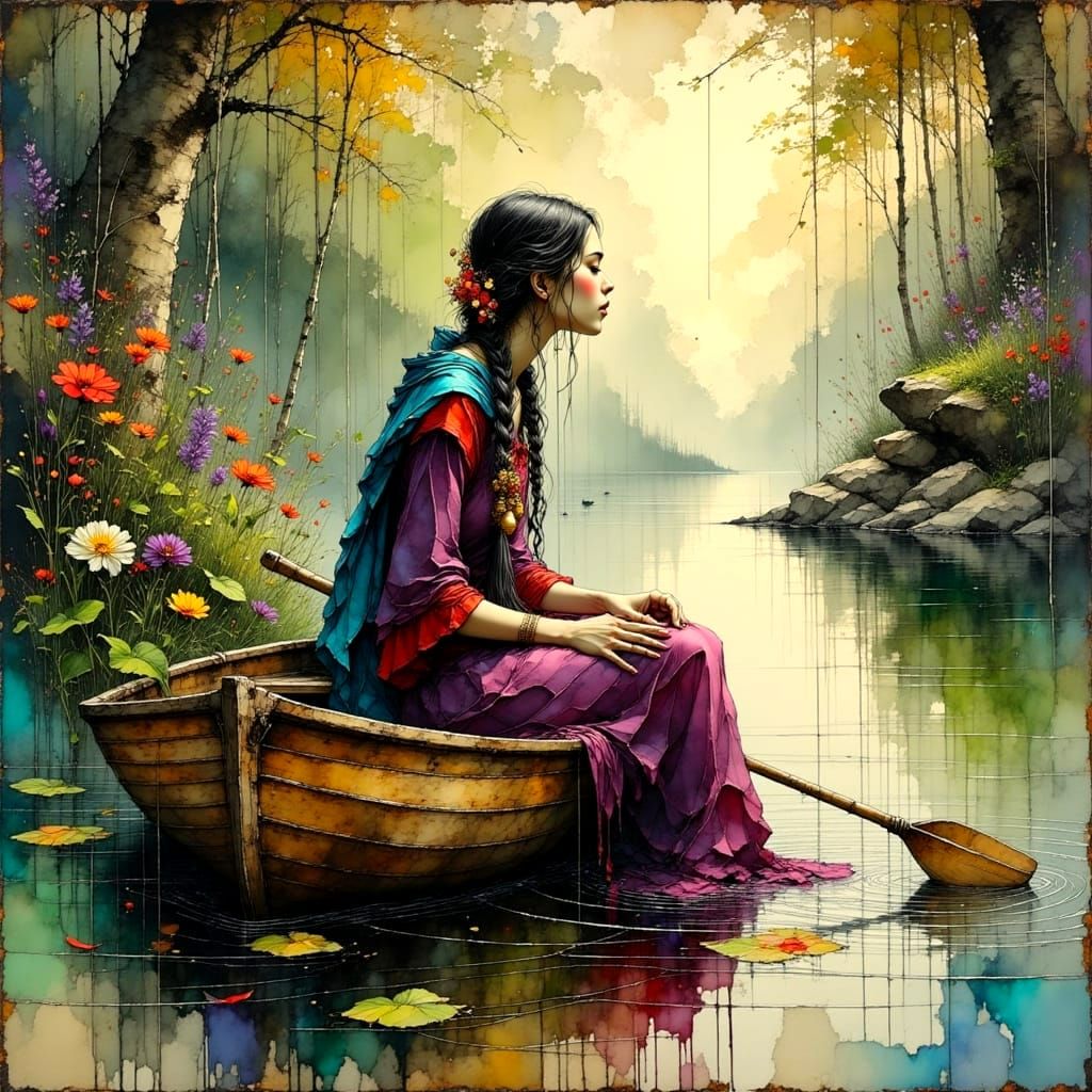 Boho Woman in Rainy Forest Lake: Impasto Oil Painting