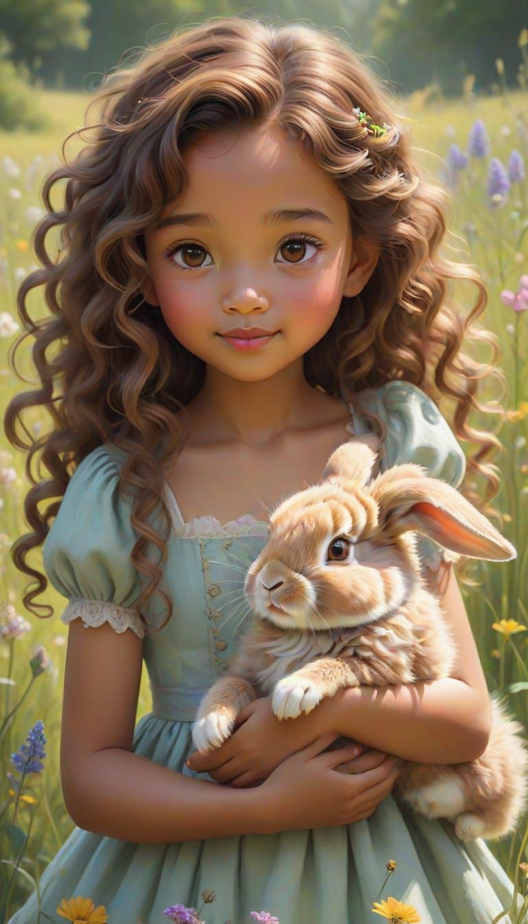 Girl Playing With Rabbit in Sunlit Meadow Oil Painting