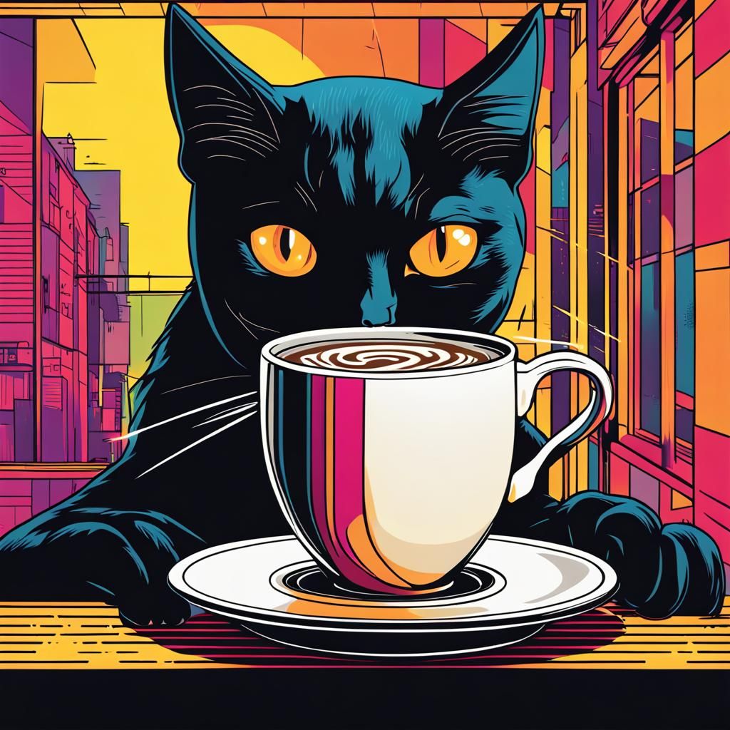 Black cat is drinking coffee in the Night Cafe