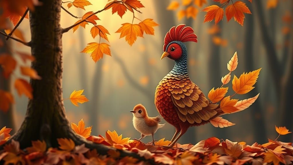 Autumnal Pheasant Feeds Chick: 3D Animated Art