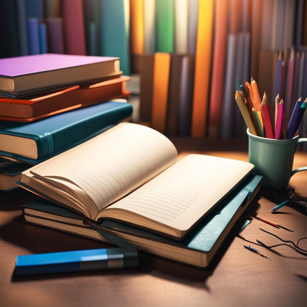 Hyperrealistic Desk Scene with Notebook and Books