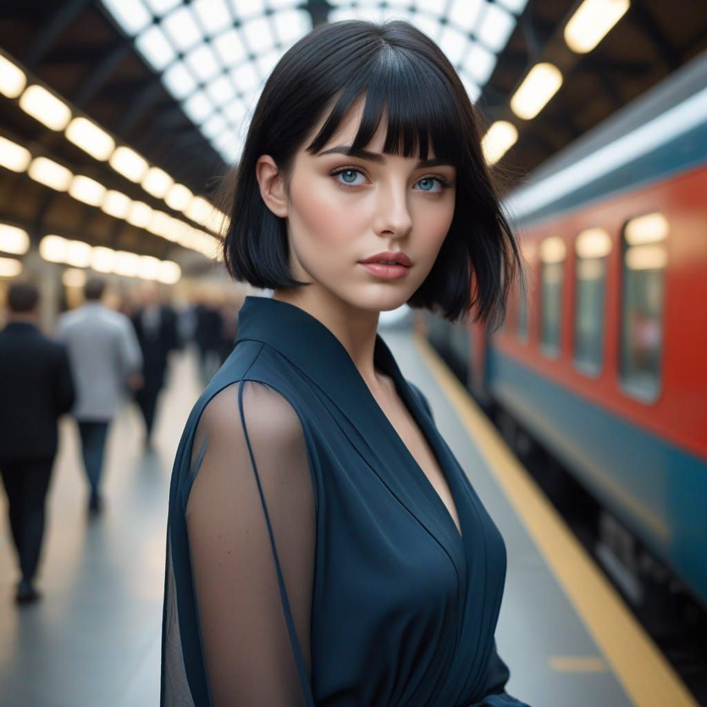 Dreamy Ukrainian Woman in Train Station with Fallen Note