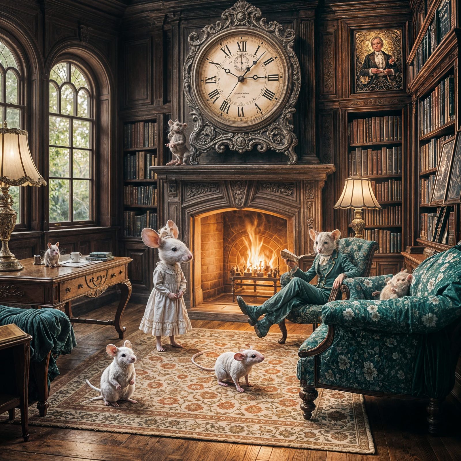 Victorian Library Scene with Mouse Couple
