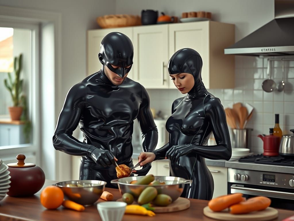 Couple in Latex Suits Cooking: High-Gloss Photo