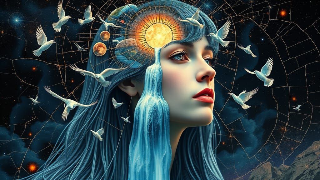 Surreal Portrait of a Person with a Waterfall as Hair in a C...