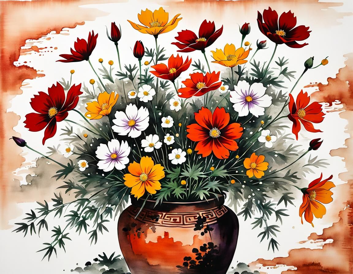 Cosmos Flowers in Ink Painting Style