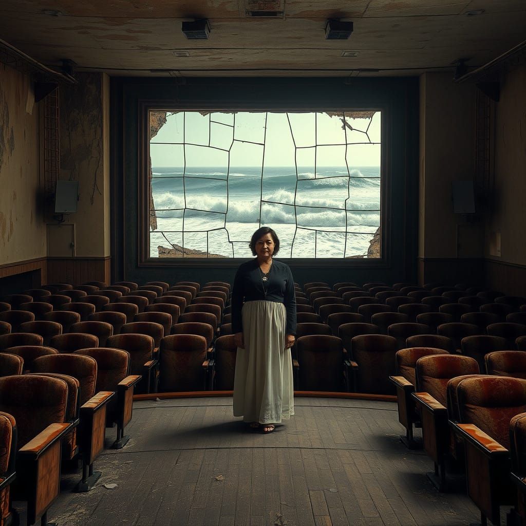 Woman Silhouetted Against Turbulent Sea in Abandoned Auditor...