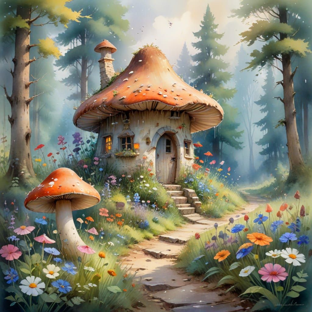 Fairytale Mushroom House Watercolor Landscape