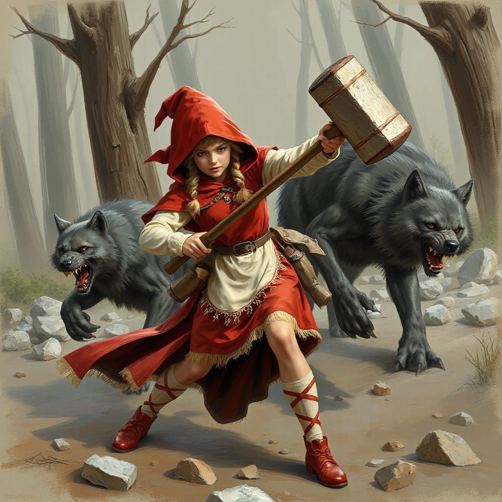 Red Riding Hood Battles Werewolves with Hammer