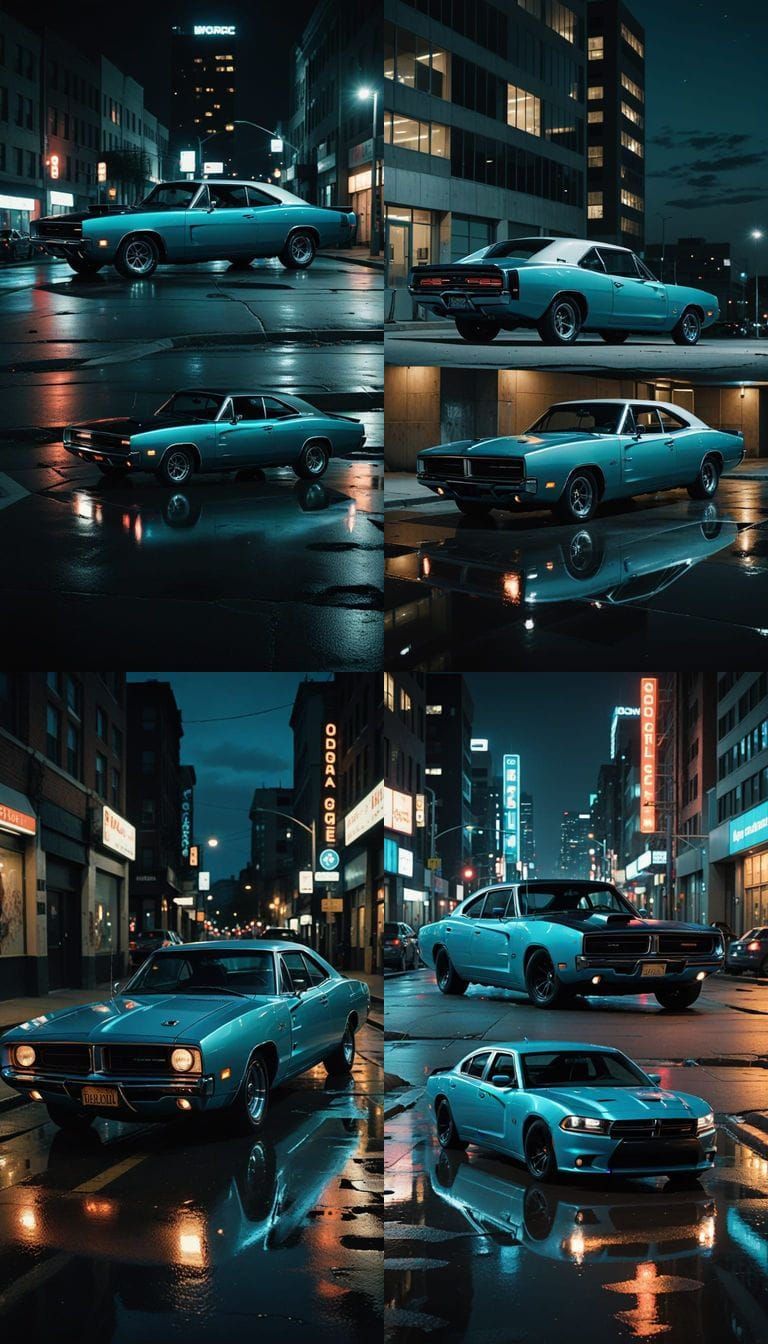 Baby Blue Dodge Charger in Modern City Night